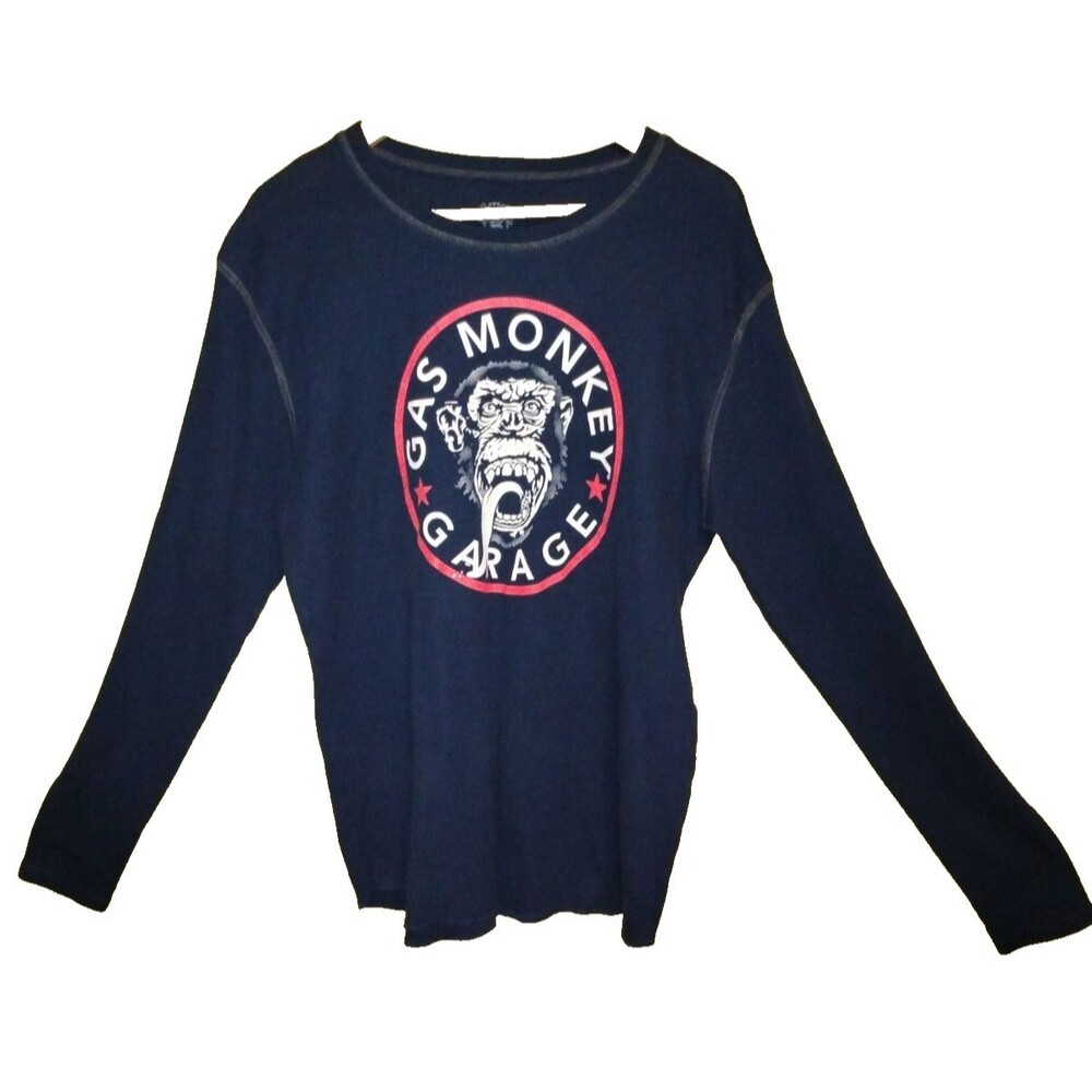 Gas Monkey Garage Mens Navy Blue Waffle Knit Long Sleeve Graphic Shirt L